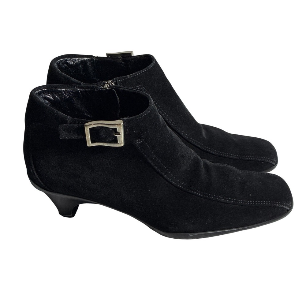 Prada Black Suede Square Toe Ankle Boots Kitten Heel Buckle Zip Booties 38.5